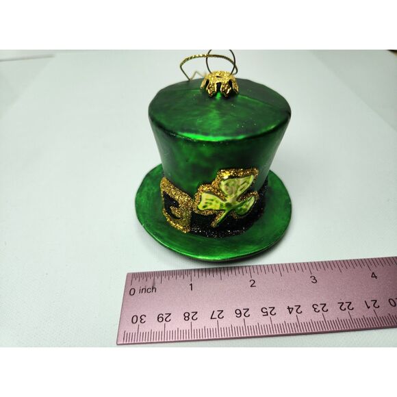 Blown Green Glass Leprechaun Hat Ornament Shamrock Glitter Christmas Hanging - Picture 5 of 6